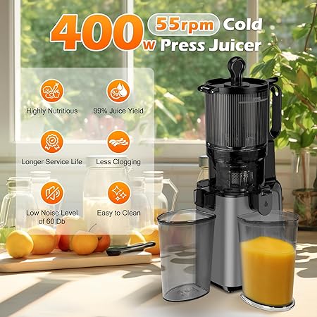 Juicer Machines with 5.8" Extra Large Feed Chute, Cold Press Juicer For Whole Vegetables and Fruits, 400W Professional Slow Masticating juicer Easy to Clean for Batch Juicing (Titanium Gray)